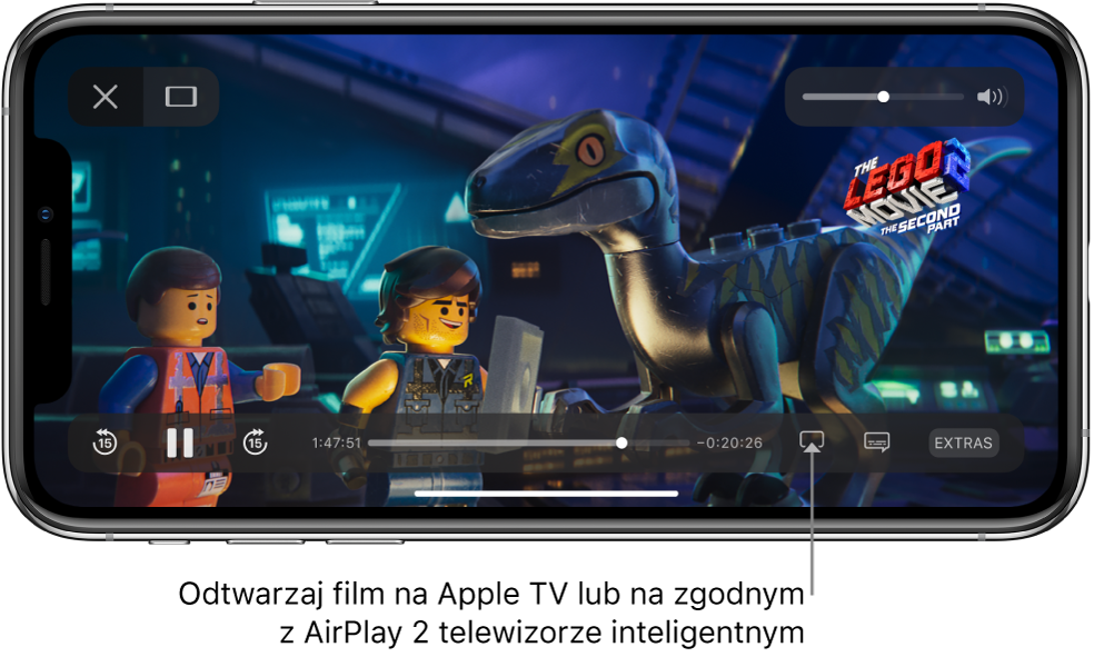 Film odtwarzany na ekranie iPhone'a. Na dole ekranu widoczne są narzędzia odtwarzania, w tym również przycisk klonowania ekranu, znajdujący się w prawym dolnym rogu.