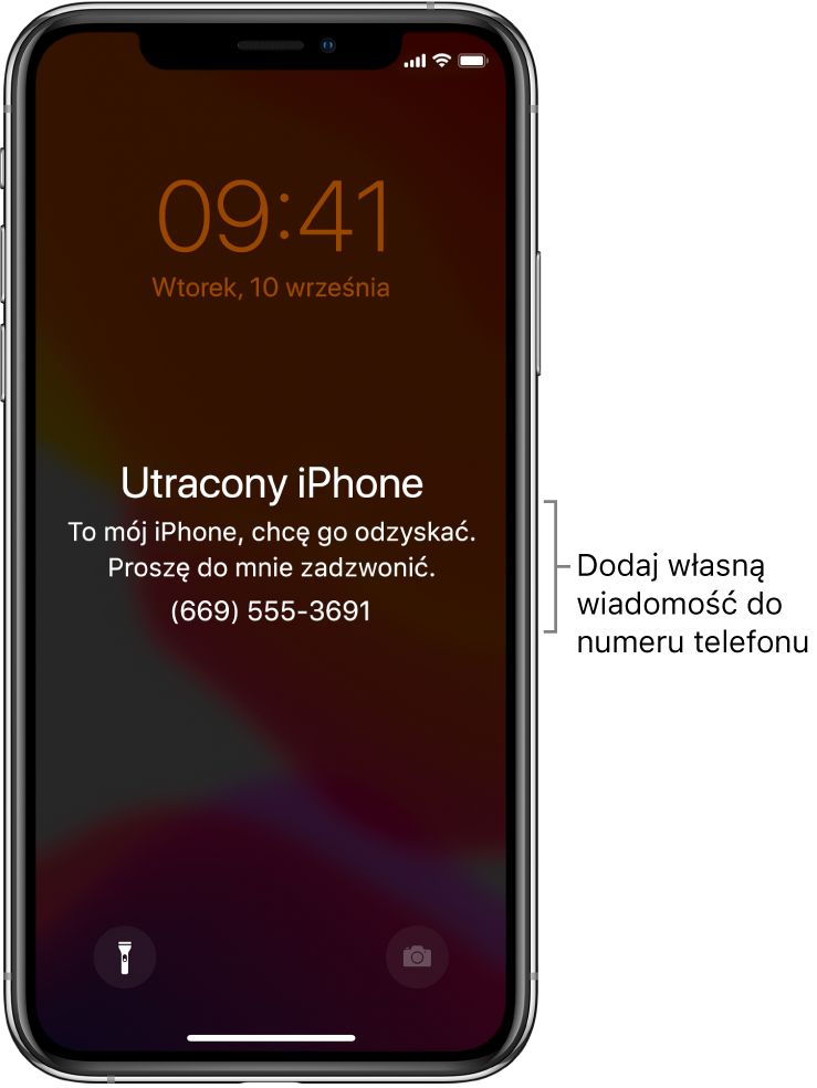 Zablokowany ekran iPhone'a, wyświetlający komunikat: „Utracony iPhone. To mój iPhone, chcę go odzyskać. Proszę do mnie zadzwonić. (669) 555-3691”. Do numeru telefonu możesz dodać własną wiadomość.