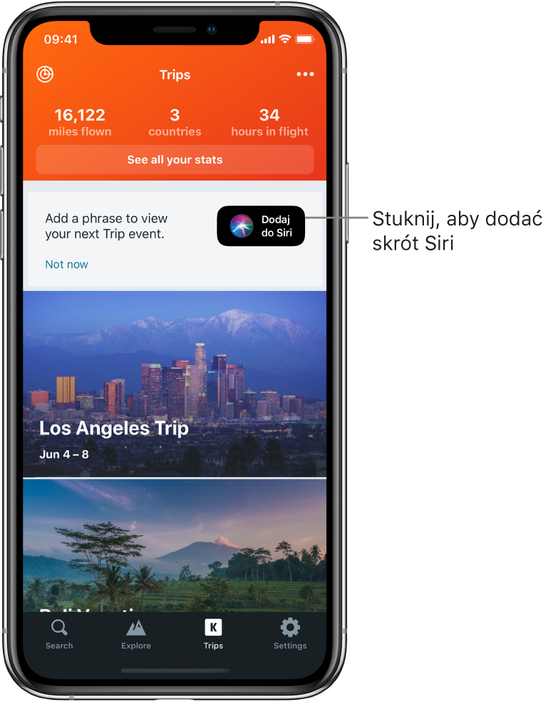 Ekran aplikacji podróżnej. Widoczny jest napis „Add a phrase to view your next trip event”, obok którego znajduje się przycisk Dodaj do Siri.