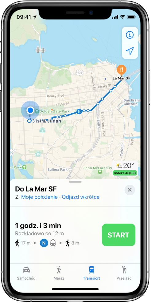 Mapa pokazująca trasę dojazdu w San Francisco. Widoczna na dole ekranu karta trasy zawiera przycisk Start.