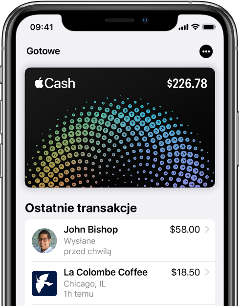 Karta Apple Cash w aplikacji Wallet; w prawym górnym rogu znajduje się przycisk Więcej, a pod kartą — lista ostatnich transakcji.
