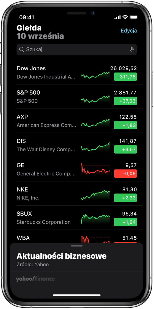 Lista obserwowanych notowań obejmująca różne notowania. Odnośnie każdego notowania na liście wyświetlane są następujące informacje (od lewej do prawej): symbol i nazwa akcji, wykres, kurs oraz zmiana kursu. Na górze ekranu, powyżej listy notowań, widoczne jest pole wyszukiwania. Pod listą notowań znajduje się sekcja aktualności biznesowych. Przesuń po niej palcem w górę, aby wyświetlić publikacje.