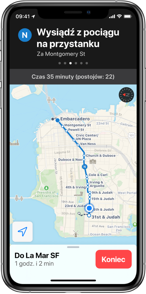 Mapa pokazująca trasę dojazdu transportem publicznym w San Francisco. Karta trasy widoczna u góry ekranu zawiera wskazówkę „Wysiądź z pociągu na przystanku Embarkadero”.