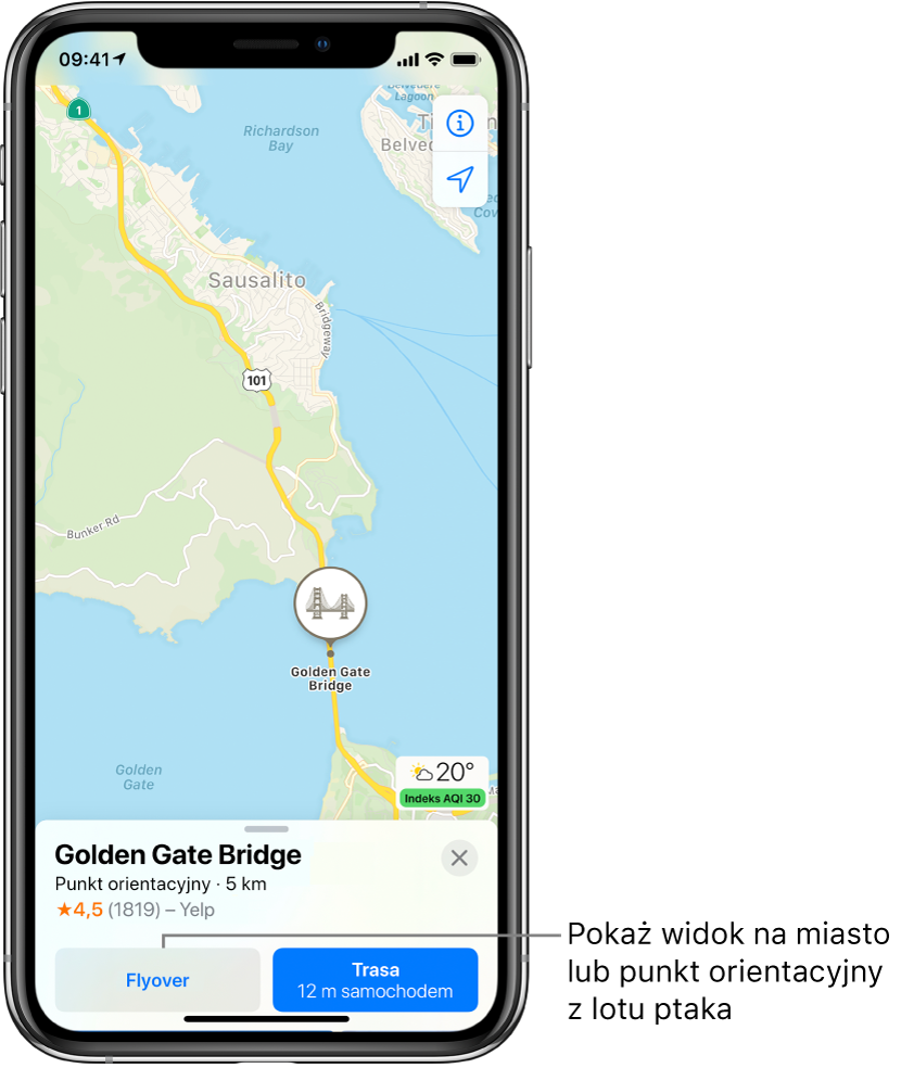 Mapa San Francisco. Na dole ekranu widoczna jest karta informacji dotycząca mostu golden brycz. Na karcie znajduje się przycisk flajouwer, umieszczony po lewej stronie przycisku Trasa.