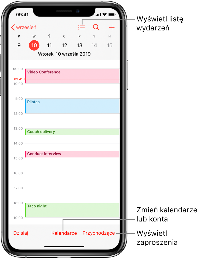 Widok dnia kalendarza zawierający wydarzenia tego dnia. Aby zmienić konta kalendarza, stuknij w Kalendarze (na dole ekranu). Aby wyświetlić zaproszenia, stuknij w Przychodzące (w prawym dolnym rogu).