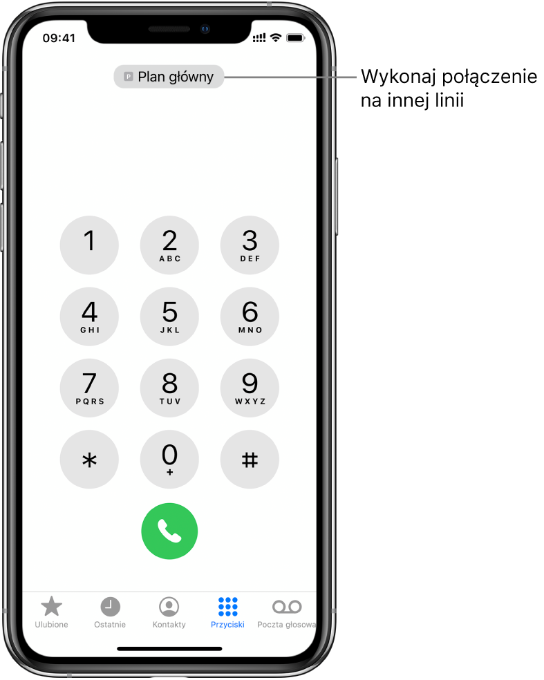 Klawiatura numeryczna w aplikacji Telefon. Na dole ekranu znajdują się (od lewej do prawej) przyciski: Ulubione, Ostatnie, Kontakty, Przyciski oraz Poczta gł.