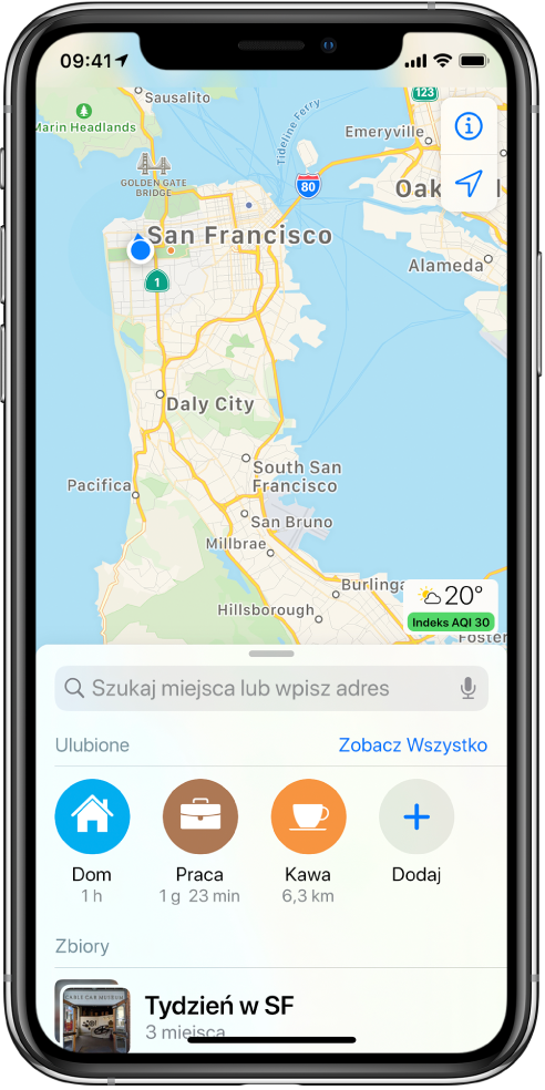 Mapa San Francisco z dwoma ulubionymi miejscami wyświetlanymi poniżej pola wyszukiwania. Miejsca te oznaczone są etykietami Dom oraz Praca.