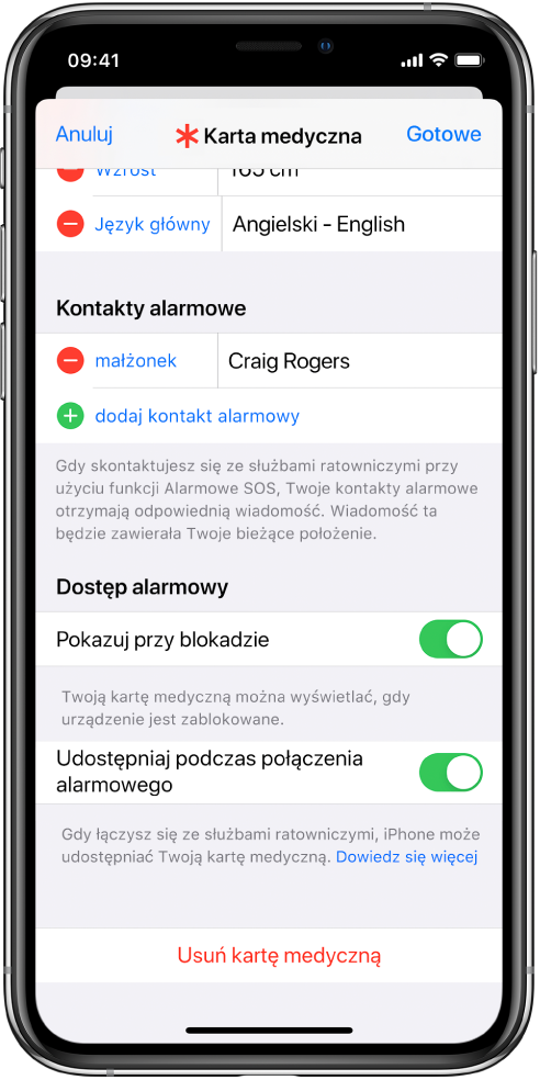 Ekran karty medycznej. Na dole widoczne są opcje umożliwiające wyświetlanie karty medycznej, gdy ekran iPhone'a jest zablokowany oraz gdy wykonujesz połączenie alarmowe.