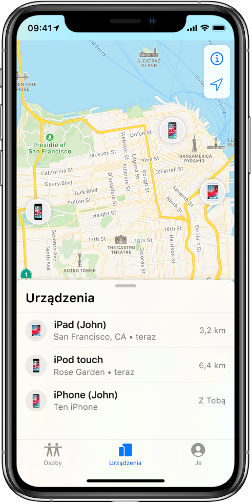 Lista urządzeń zawierająca trzy urządzenia. iPad (dżon), iPod touch (dżon) oraz iPhone (dżon). Ich położenie wyświetlane jest na mapie San Francisco.