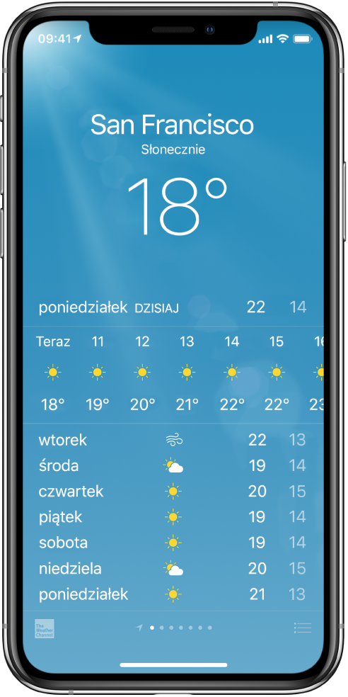 Ekran aplikacji Pogoda z nazwą miasta, bieżącymi warunkami i bieżącą temperaturą. Poniżej znajduje się bieżąca, godzinna prognoza pogody, oraz prognoza na najbliższych 5 dni. Szereg kropek na środku dolnej części ekranu określa liczbę dodanych miast.