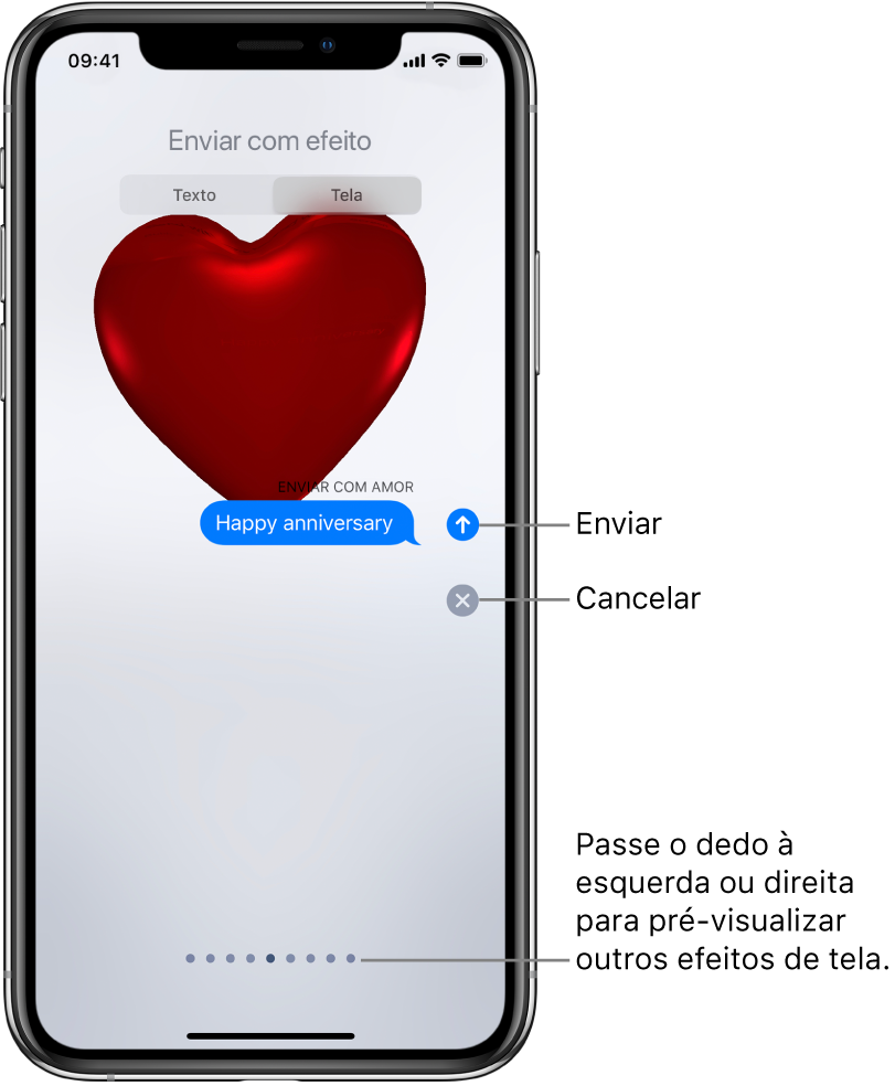Pré-visualização de uma mensagem mostrando um efeito de tela cheia com um coração vermelho.
