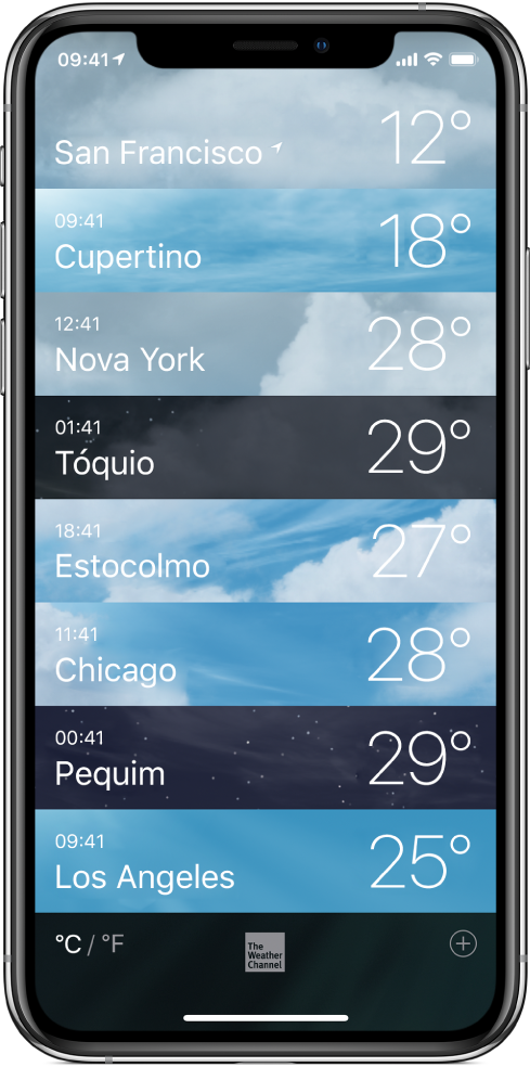 Lista de cidades mostrando a hora e a temperatura atual de cada uma delas.