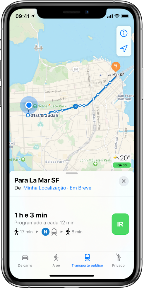 Mapa mostrando uma rota de transporte público por São Francisco. O cartão da rota na parte inferior da tela inclui o botão Ir.