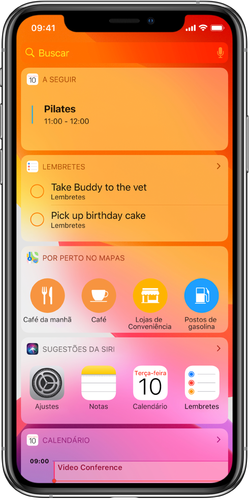 Visualização Hoje mostrando os widgets para Seguintes, Lembretes, Mapas Por Perto, Sugestões da Siri no App e Calendário.