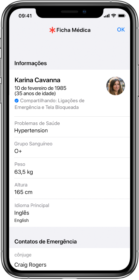 Tela de Ficha Médica com informações que incluem data de nascimento, problemas de saúde, medicamentos e um contato de emergência.