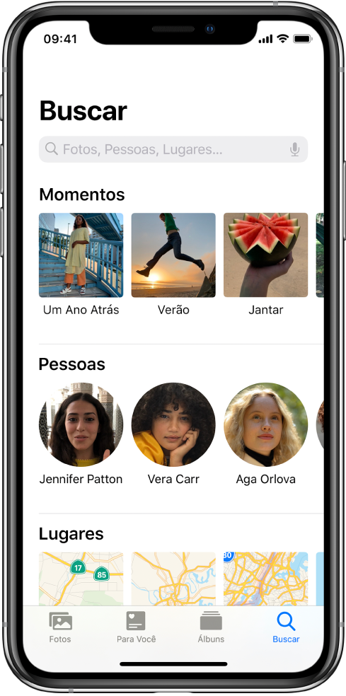 Aba Buscar, preenchida com sugestões de Momentos, Pessoas e Lugares. O campo de busca está localizado na parte superior.