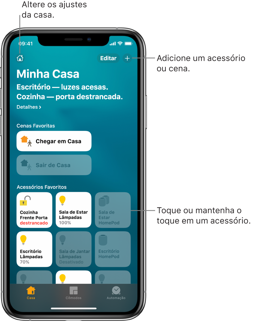 A aba Casa, mostrando cenas e acessórios que foram marcados como favoritos. Um resumo do status da casa também é mostrado. As outras abas na parte inferior são Cômodos e Automação.