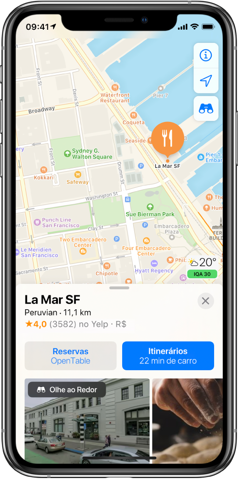 Mapa mostrando a localização de um restaurante. O cartão de informações na parte inferior da tela inclui botões para fazer reservas e obter itinerários.