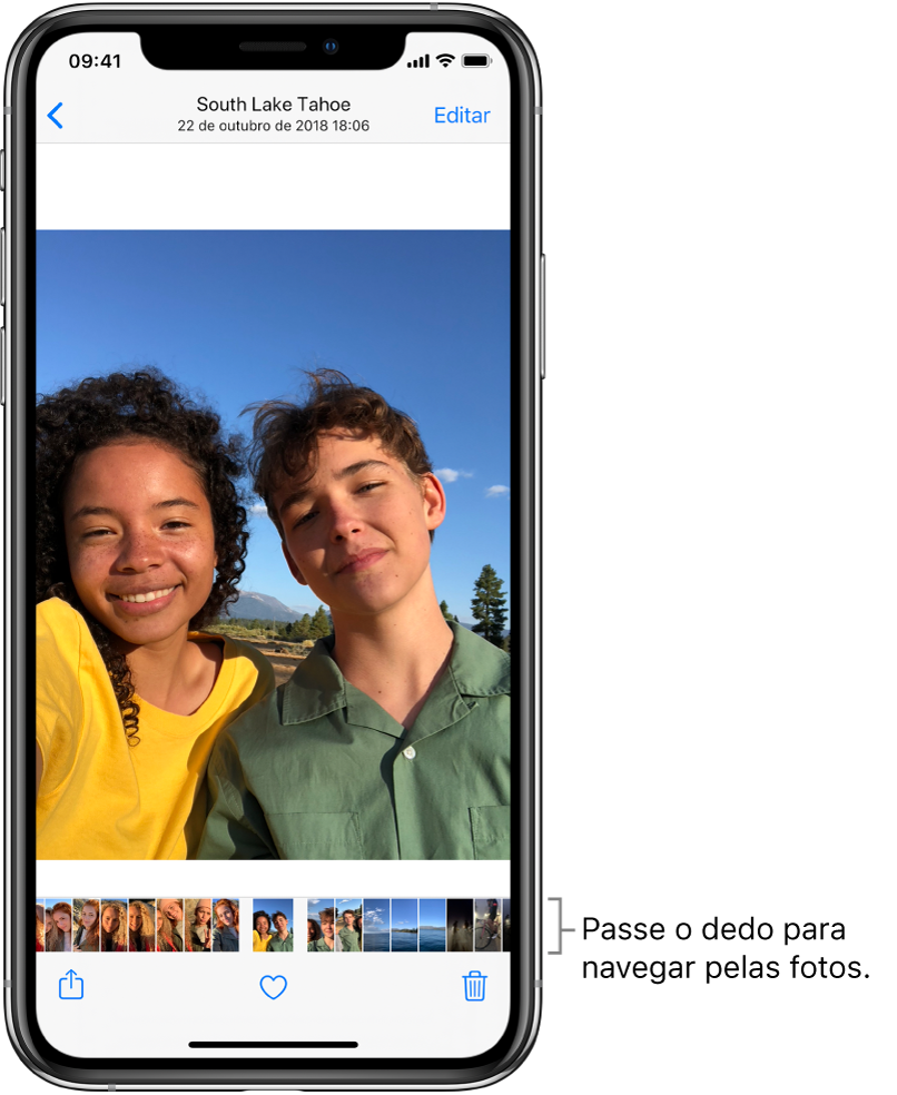 Uma foto com miniaturas de outras fotos ao longo da parte inferior da tela. Na parte superior esquerda está o botão voltar, que leva você de volta à visualização que estava explorando. Ao longo da parte inferior encontram-se os botões Compartilhar, Curtir e Apagar. Na parte superior direita encontra-se o botão Editar.