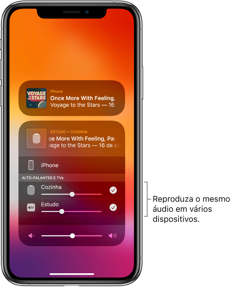 Tela do iPhone mostrando HomePod e Apple TV como os destinos de áudio selecionados.