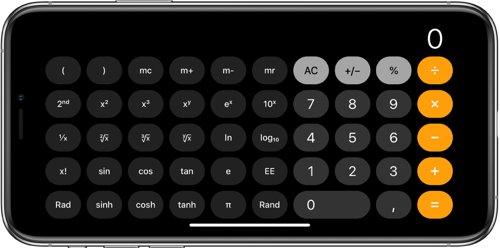 iPhone na orientação horizontal mostrando a calculadora científica com funções exponenciais, logarítmicas e trigonométricas.