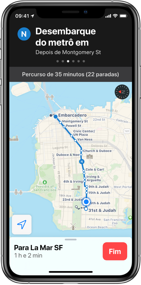 Mapa de uma rota de transporte público em São Francisco. Um cartão de rota na parte superior da tela mostra a instrução “Saia do trem em Embarcadero”.