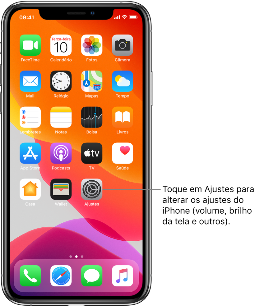 Tela de Início com vários ícones, incluindo o ícone dos Ajustes, o qual você pode tocar para alterar o volume do som, o brilho da tela e outros ajustes do iPhone.