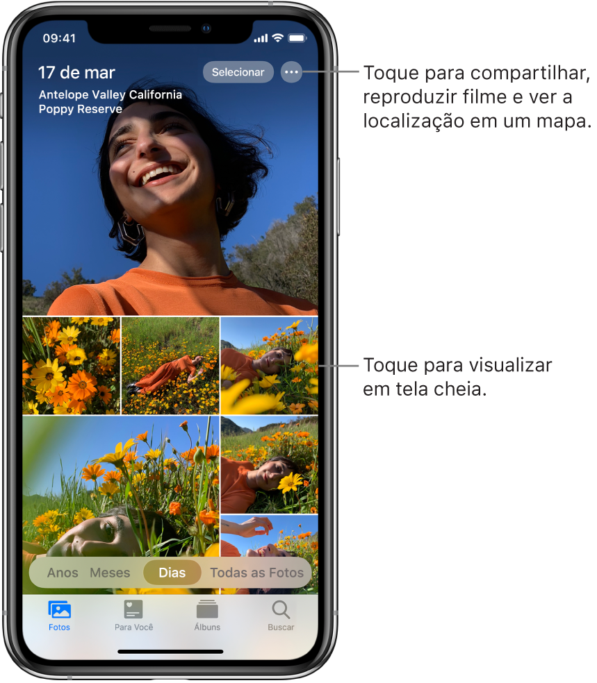 Fototeca exibida na visualização por Dias. Uma seleção de miniaturas de fotos preenche a tela. Na parte superior esquerda da tela estão a data e a localização de onde as fotos foram tiradas. Na parte superior direita estão os botões Selecionar e Mais para compartilhar fotos e ver detalhes. Abaixo das miniaturas estão opções para visualizar a fototeca por Anos, Meses, Dias e Todas as Fotos. Na parte inferior, estão as abas Fotos, Para Você, Álbuns e Buscar.