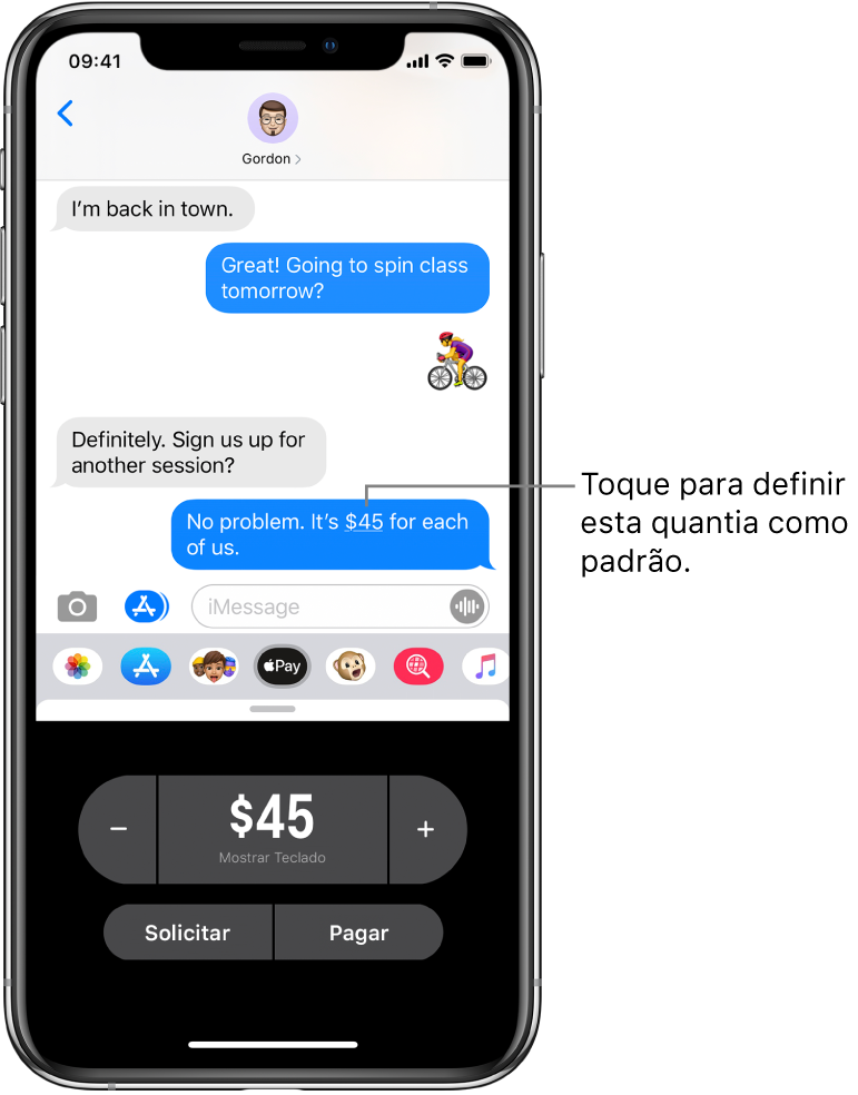 Conversa do iMessage com o app Apple Pay aberto na parte inferior.