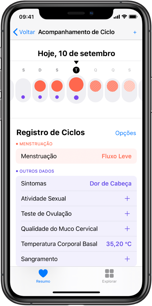 Tela “Acompanhamento de Ciclo” no app Saúde.