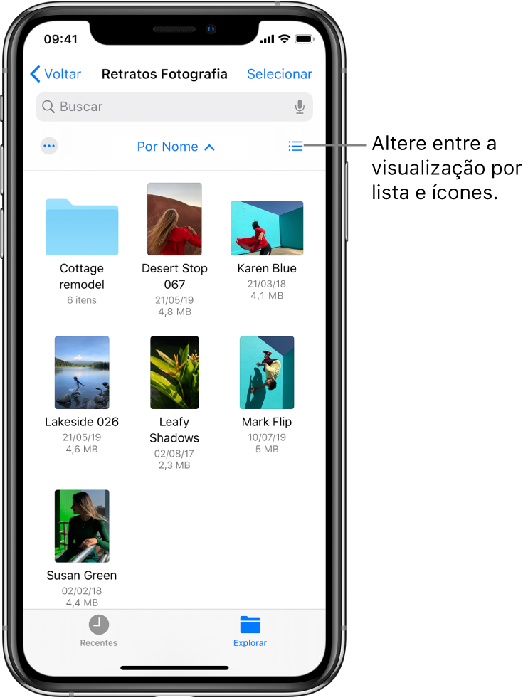 Localização do iCloud Drive para arquivos de Fotografia. Os itens estão ordenados por nome e consistem em uma pasta chamada Reforma da casa de campo e seis documentos: Parada no Deserto, Azul Karen, Beira do Lago, Sombras Folhadas, Cambalhota do Marco e Verde Suzana. Um botão para alternar entre a visualização em lista e ícone aparece perto da parte superior direita.