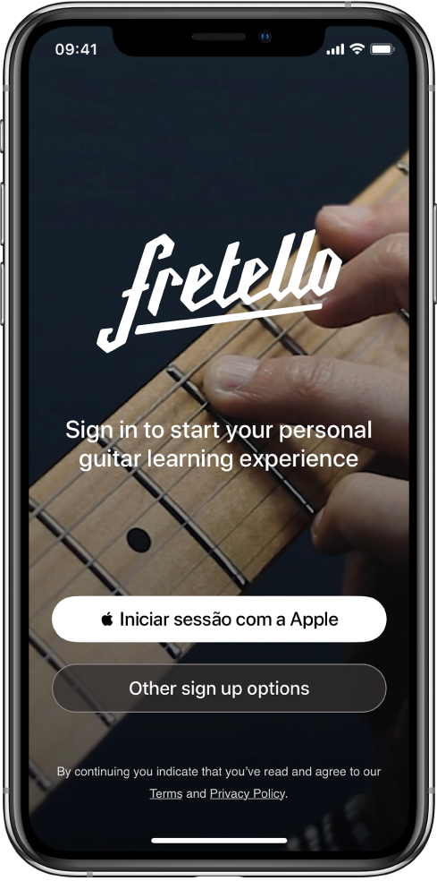 Uma aplicação que mostra o botão “Iniciar sessão com a Apple”.