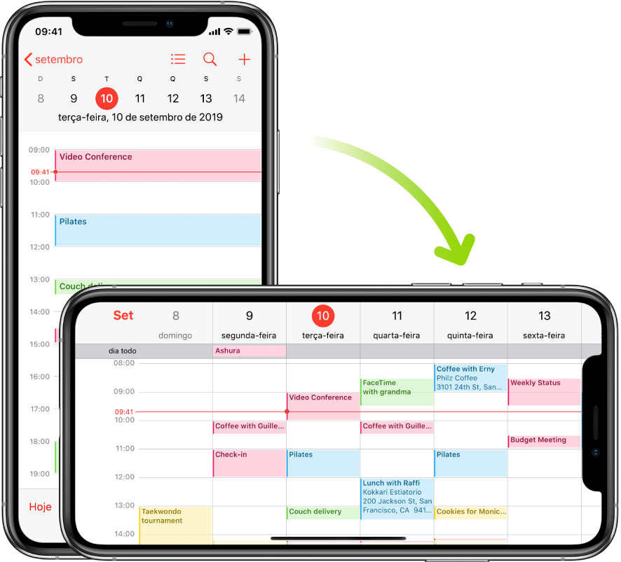 Em segundo plano, o iPhone apresenta um ecrã da aplicação Calendário, que mostra eventos de um dia na orientação vertical; em primeiro plano, o iPhone é rodado para a orientação horizontal, que mostra os eventos do Calendário para toda a semana que inclui o mesmo dia.
