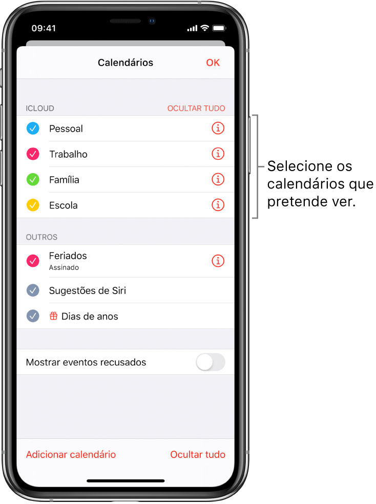 A lista de calendários com vistos, indicando os calendários ativos. No canto superior direito está o botão OK para fechar a lista.