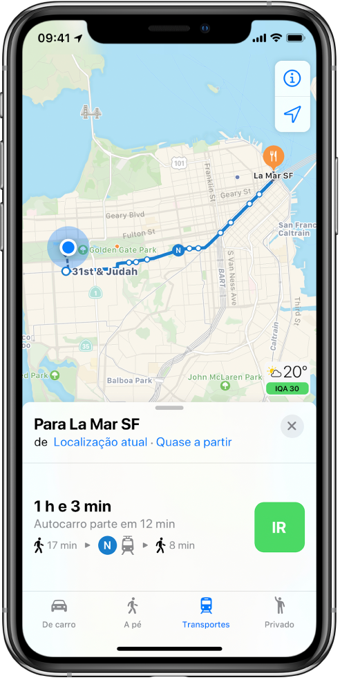 Um mapa com um itinerário de transportes em São Francisco. A ficha do itinerário na parte inferior do ecrã inclui um botão Ir.