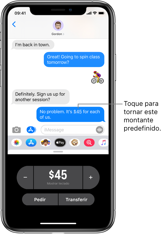 Uma conversa iMessage com a aplicação Apple Pay aberta na parte inferior.