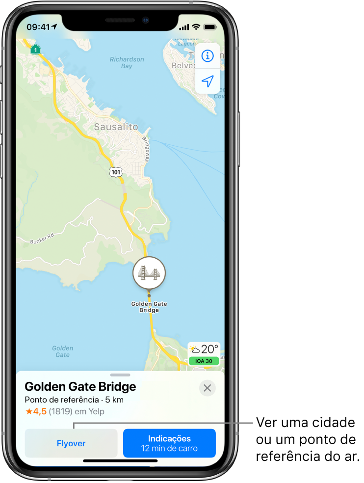 Um mapa de São Francisco. Na parte inferior do ecrã, uma ficha de informações da Ponte Golden Gate mostra um botão de Flyover à esquerda de um botão Indicações.