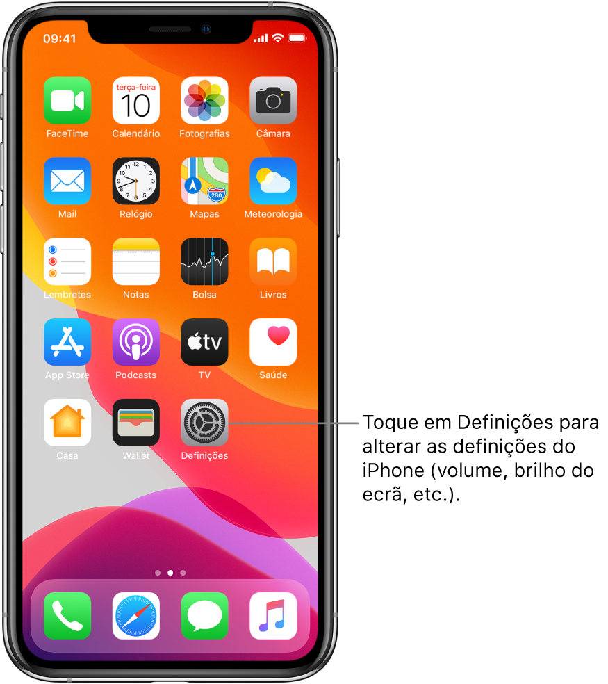 O ecrã principal com vários ícones, incluindo o ícone Definições, no qual pode tocar para alterar o volume de som, o brilho no ecrã e outras definições do iPhone.