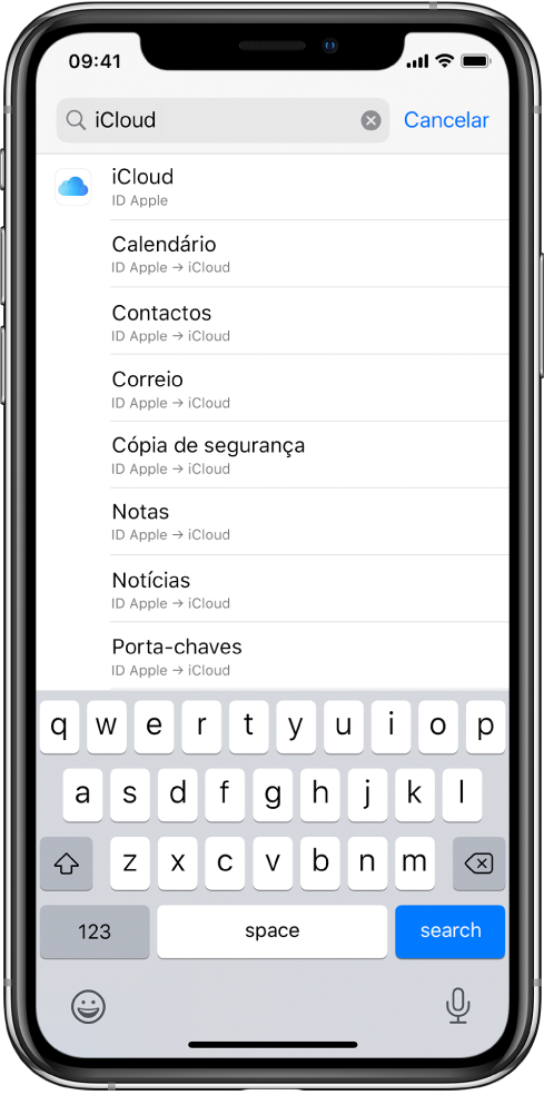 O ecrã de pesquisa de definições com o campo de pesquisa na parte superior. O termo de pesquisa “iCloud” está no campo de pesquisa e, na lista por baixo, estão as definições encontradas.