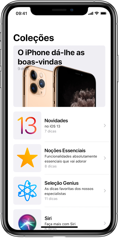 Um ecrã mostra coleções de Dicas com setas para a direita a indicar que pode tocar numa coleção para ver as dicas que contém.