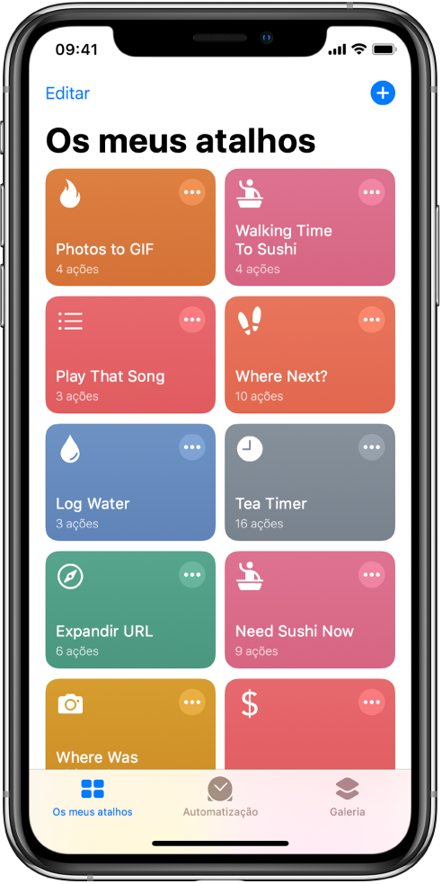 O separador Os meus atalhos Lista atalhos para completar tarefas do dia a dia, tais como começar um temporizador para coser um ovo ou procurar um bom restaurante. Na parte inferior do ecrã, estão os separadores Galeria e Automatização.