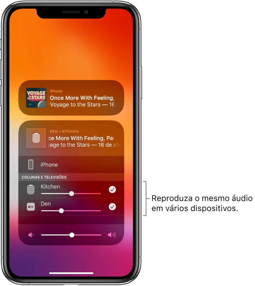 O ecrã do iPhone como o HomePod e a Apple TV selecionados como destinos do áudio.
