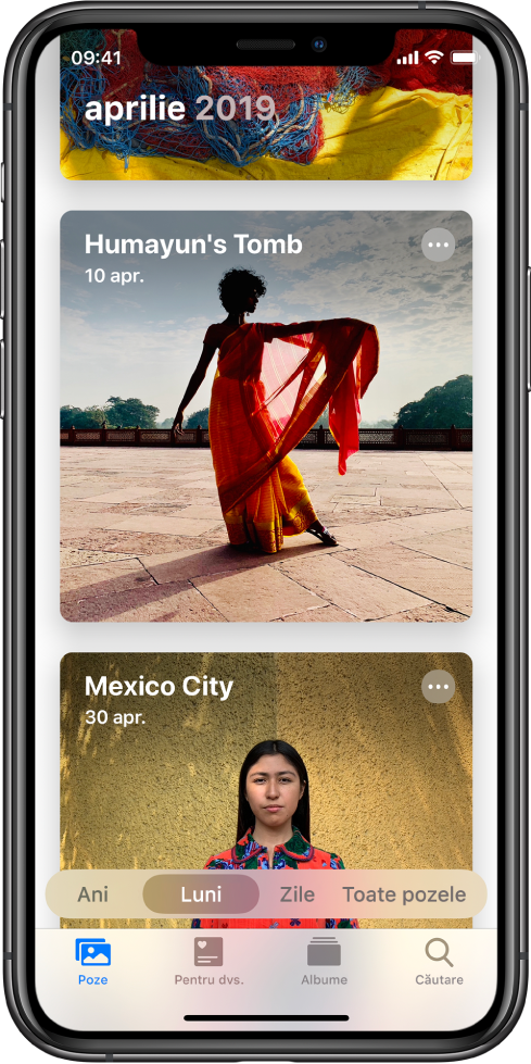 Un ecran în aplicația Poze. Sunt selectate fila Poze și vizualizarea Luni. Sunt afișate două evenimente din aprilie 2019: Humayun’s Tomb și Mexico City.