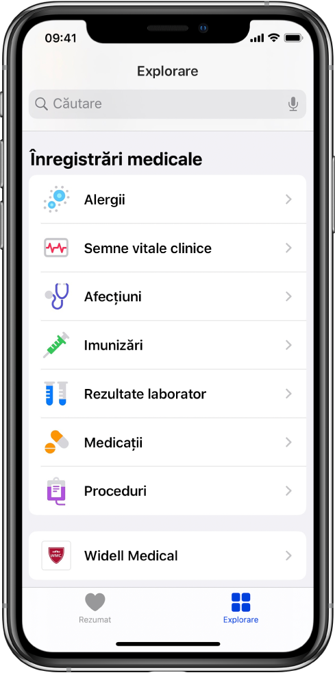 Ecranul Înregistrări medicale în aplicația Sănătate. Ecranul prezintă categorii precum: Alergii, Semne vitale clinice și Afecțiuni. Sub lista de categorii se află un buton pentru Widell Medical. În partea de jos a ecranului este selectat butonul Explorați.