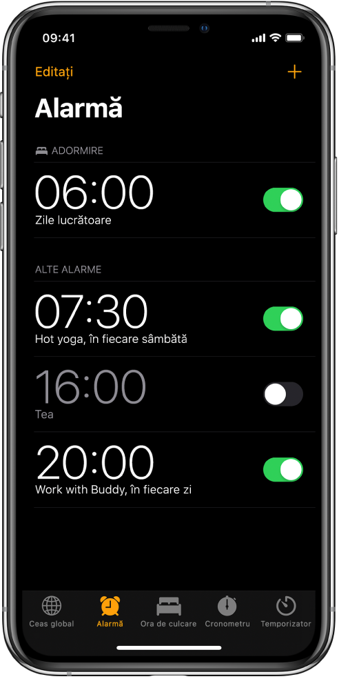 Fila Alarmă, prezentând patru alarme fixate pentru ore diferite.
