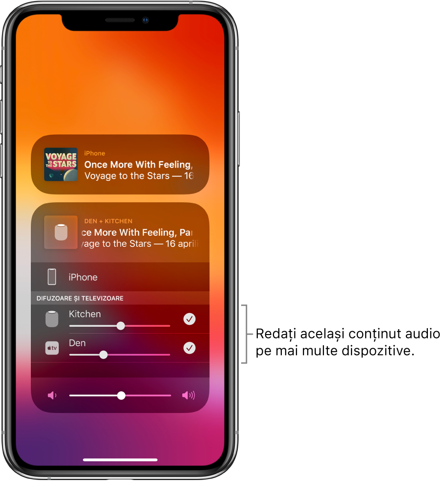 Ecranul iPhone-ului afișând un HomePod și un Apple TV drept destinații audio selectate.