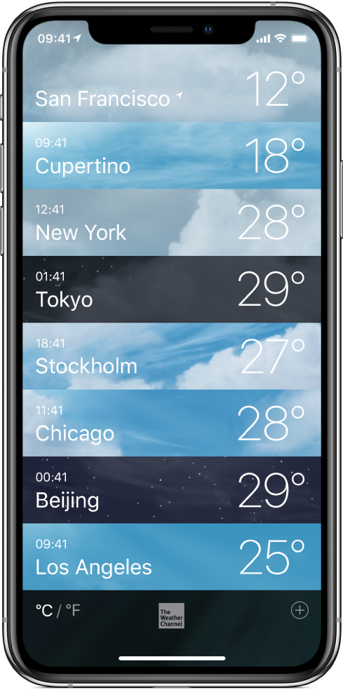 O listă de orașe prezentând ora și temperatura curentă pentru fiecare.