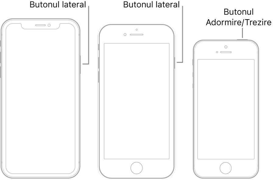 Butonul lateral sau Adormire/Trezire la trei modele diferite de iPhone.