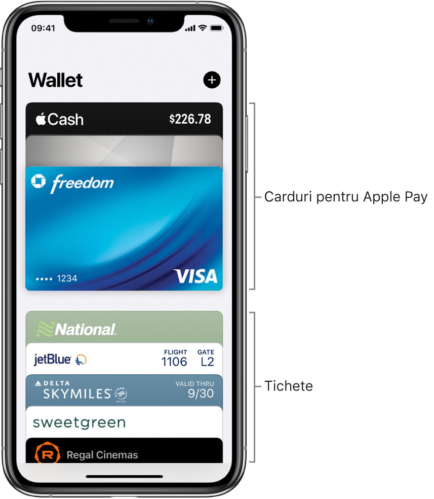 Ecranul Wallet afișând mai multe carduri de credit și de debit și tichete.