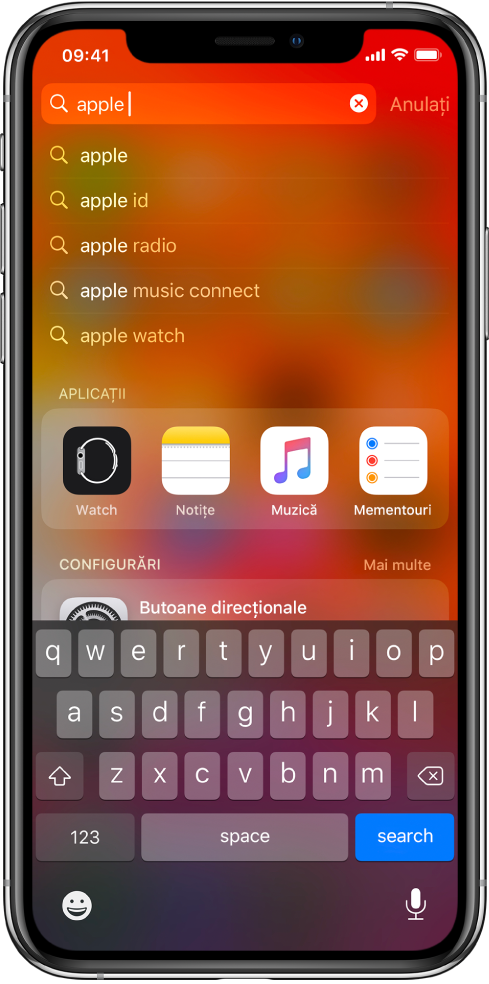 Ecran prezentând o căutare pe iPhone. În partea de sus se află câmpul de căutare cu textul “apple”, iar dedesubt se află rezultatele căutării pentru textul vizat.